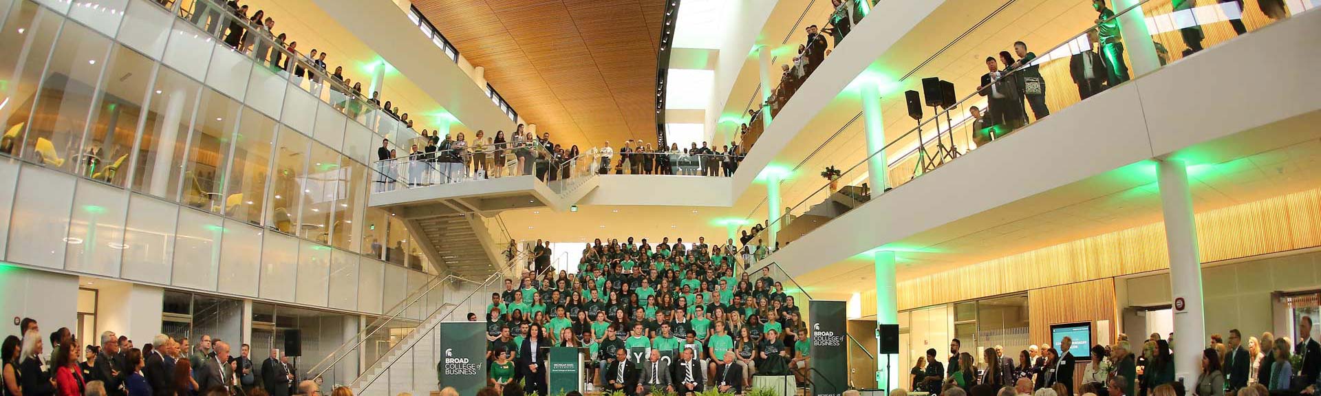 Wide shot of the crowd of Broad College students, staff, faculty and alumni at the Minskoff Pavilion ribbon cutting