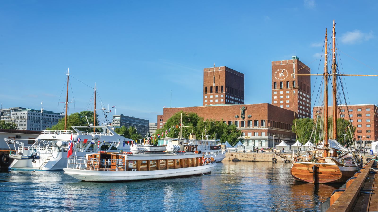 View of Oslo Radhuset town hall from the sea, Oslo, Norway