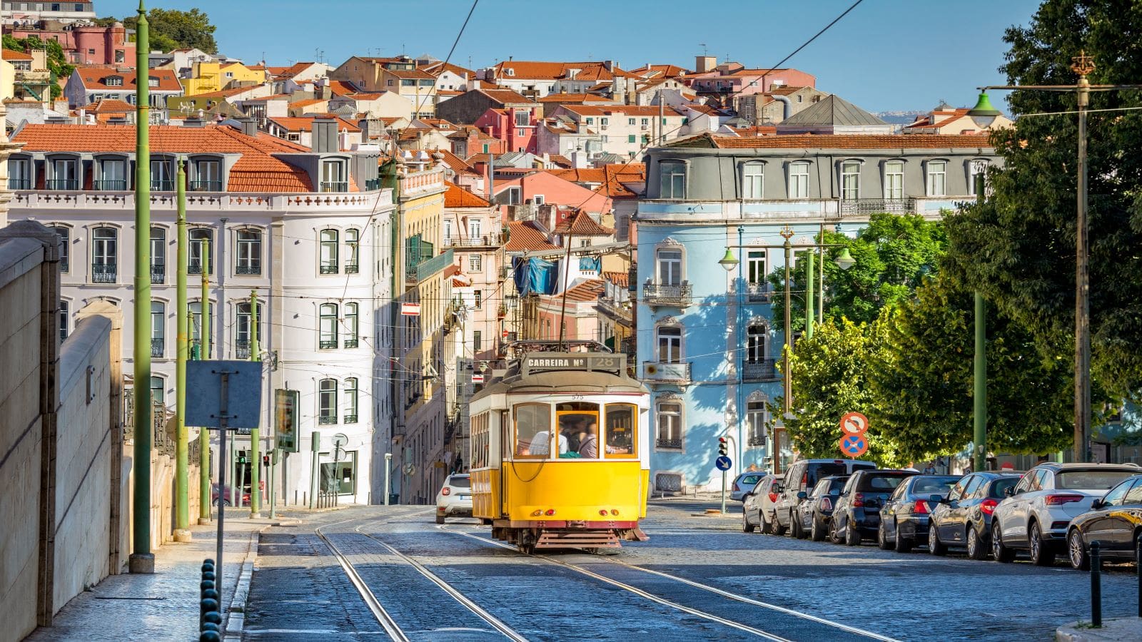Yellow tram on line 28 in lisbon, portugal