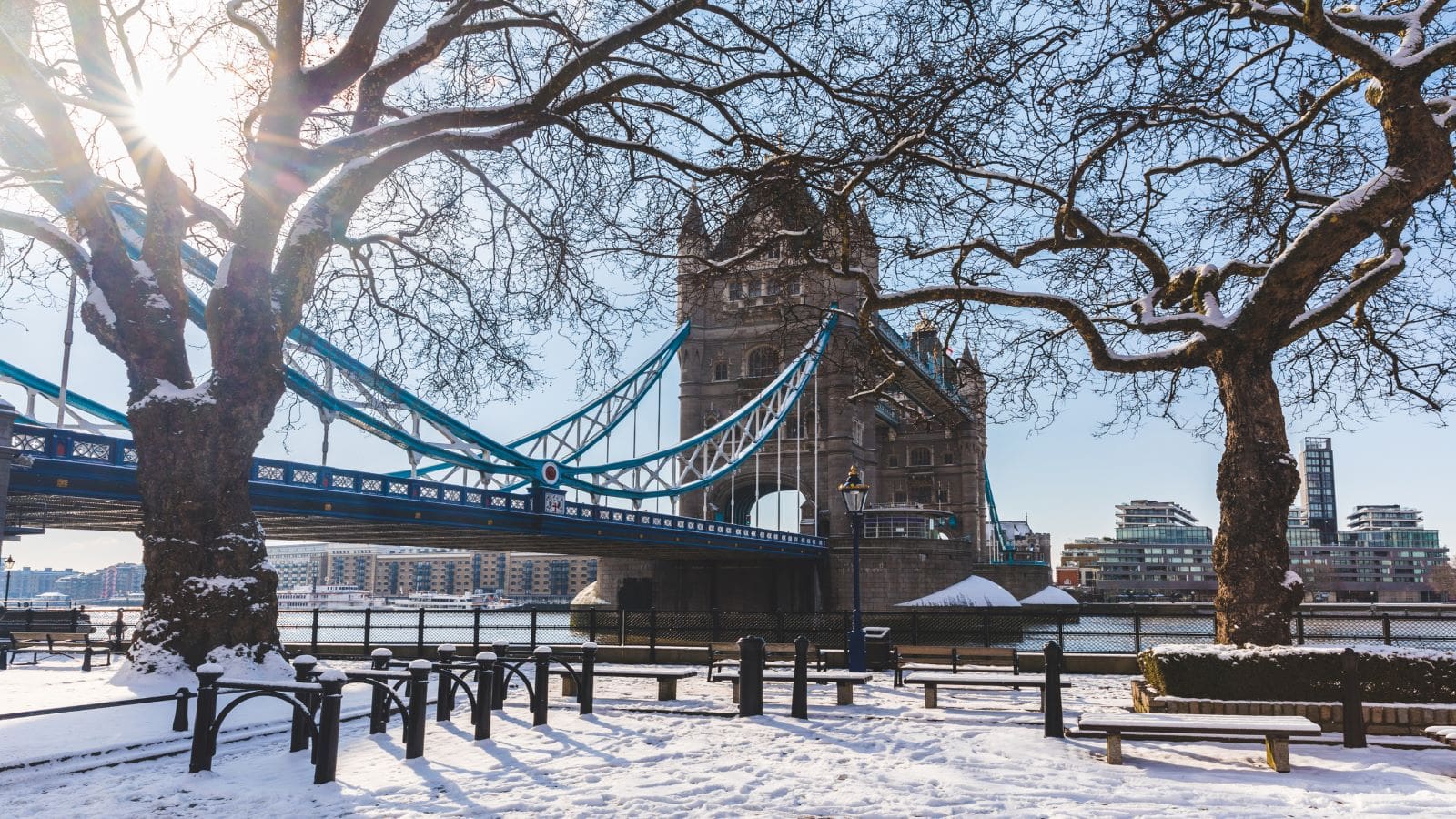 Tower bridge and trees in London with snow. Unusual view of the bridge and the capital city covered by snow.