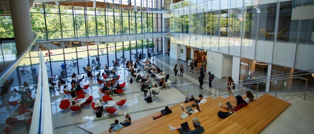 The Broad College of Business Minskoff Pavilion atrium during a fall semester day