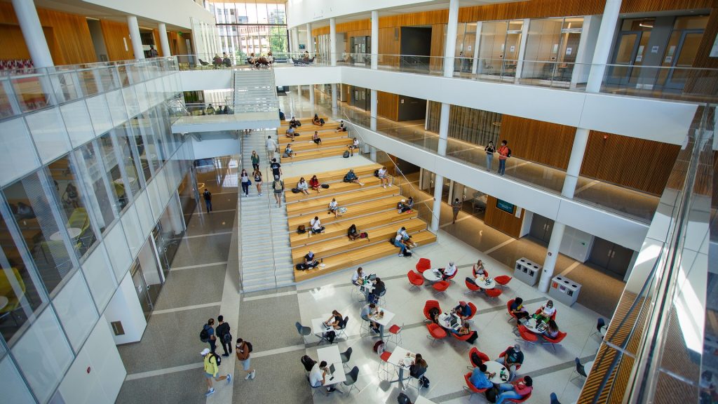 Students in the Atrium of the Minskoff Pavilion