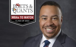 Marques Moore headshot with Poets&Quants MBAs to Watch 2022 logo