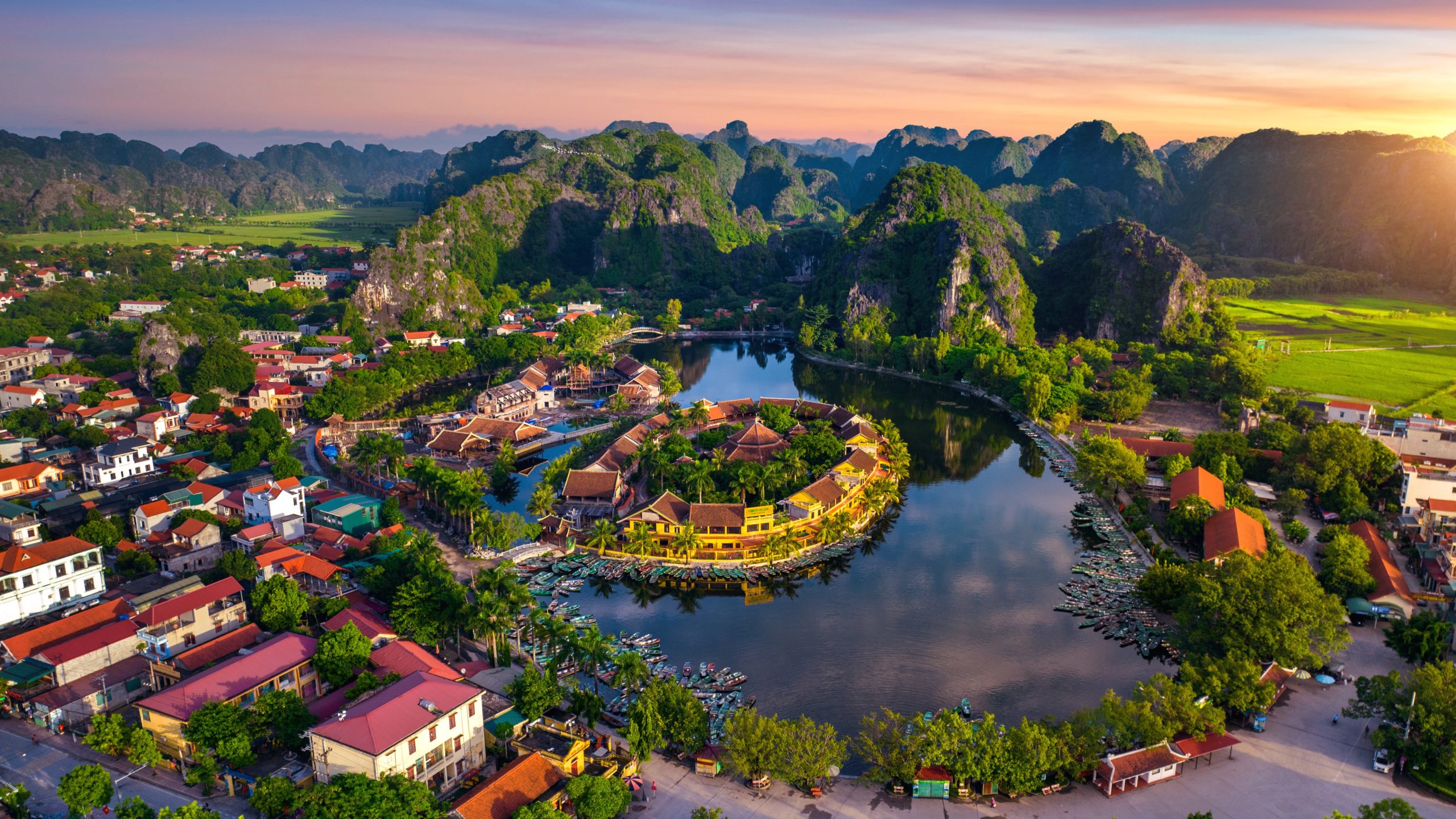 Aerial view of Tam coc at sunrise in Vietnam.