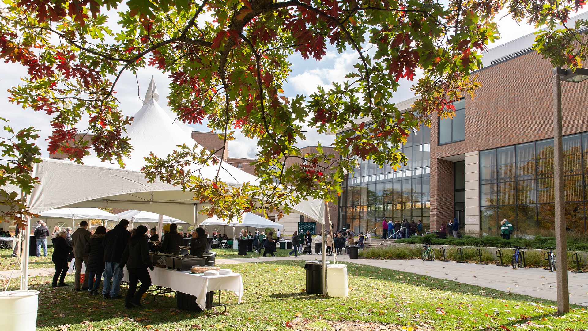 The Minskoff Pavilion's north Secchia Lawn filled with a tent and people gathering for Homecoming, from the viewpoint beneath a tree with its leaves changing colors during fall.