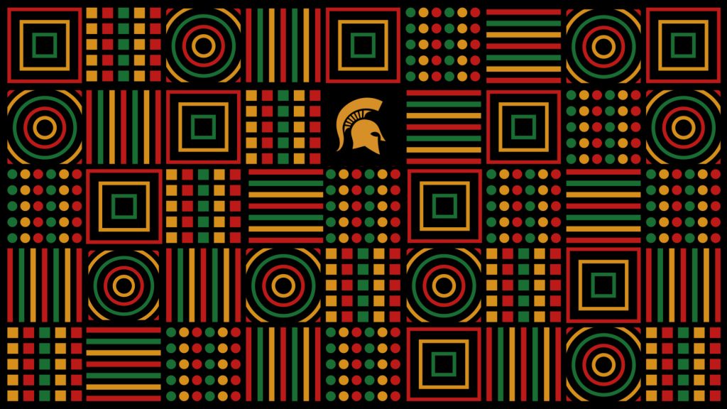 Michigan State University Black History Month graphic with red, green and gold colors and a Spartan helmet.