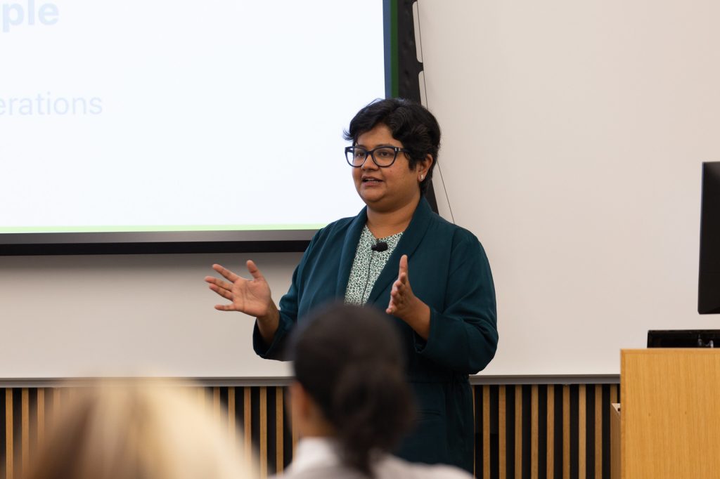 Priya Balasubramaniam speaking to a class at the Broad College.