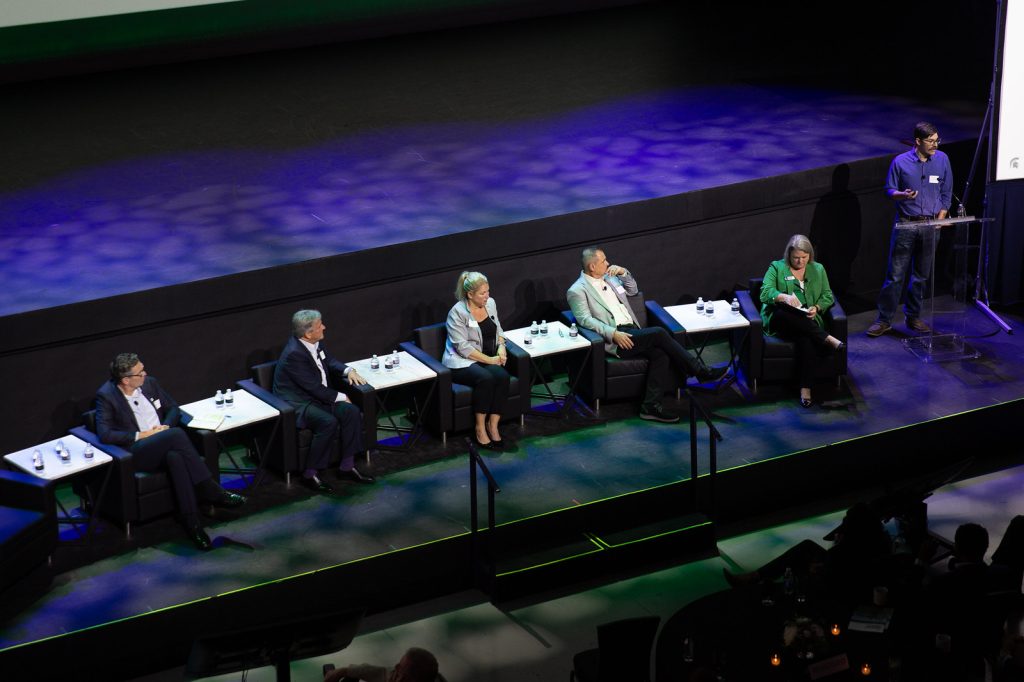 MSU Detroit Executive Forum panelists on stage at the MotorCity Casino Soundboard Theatre.