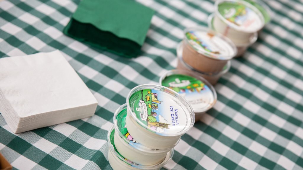 MSU Dairy Store ice cream alongside green and white napkins on a green and white gingham table cloth.