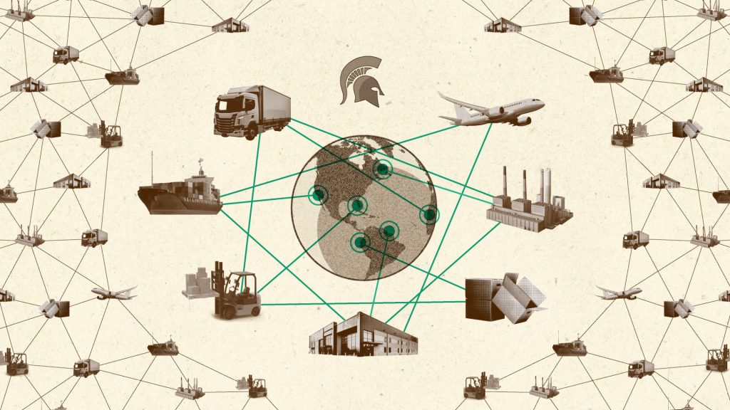 A web graphic shows a globe at the center and transportation, warehousing, elements to illustrate a supple chain. A Spartan helmet is on the graphic.