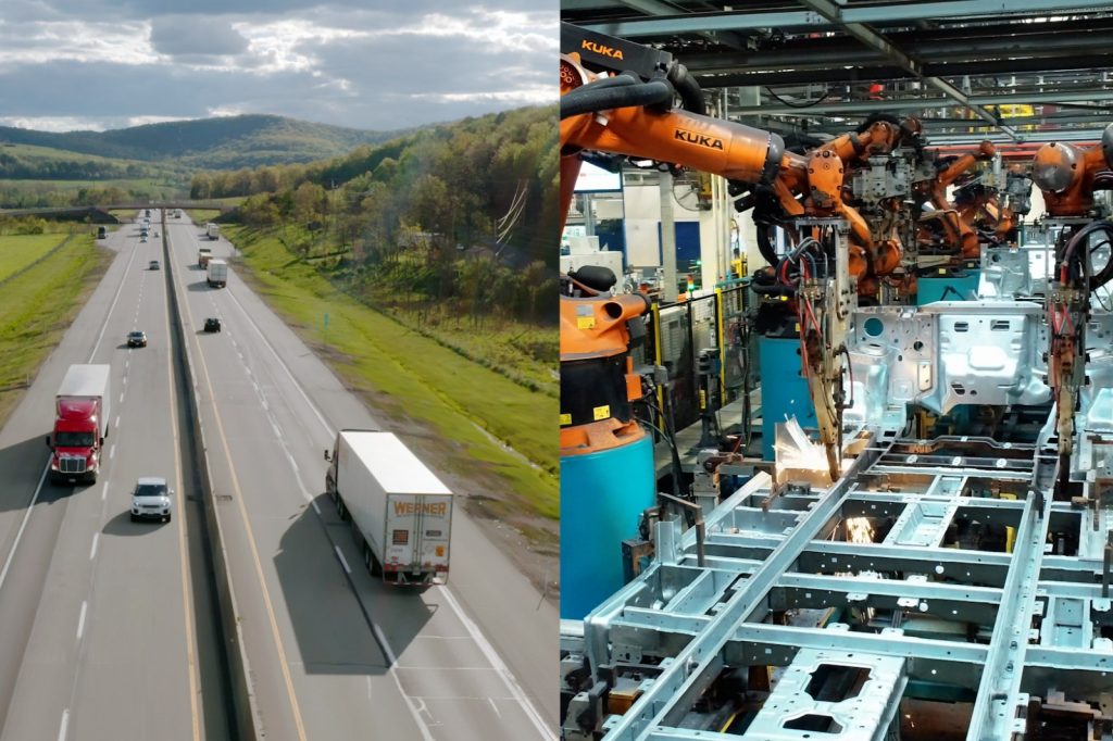 Left shows a semi-truck driving on a highway. Right shows robotic assembly in a manufacturing setting.