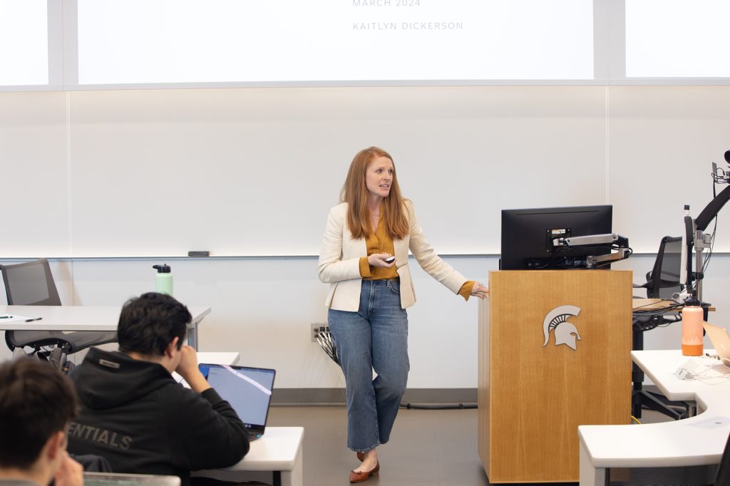 Kaitlyn Dickerson speaking in a classroom