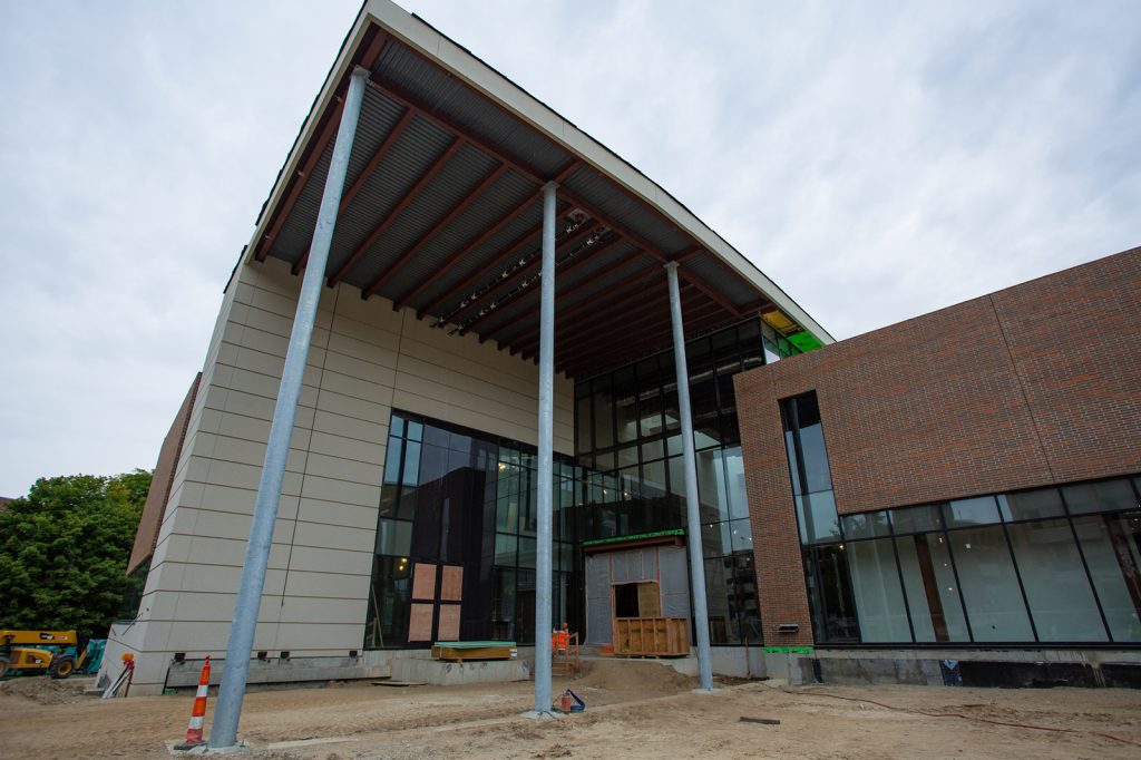 Outdoor shot of the front of the Minskoff Pavilion while under construction