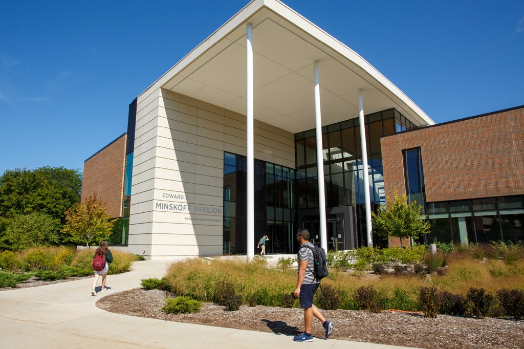 Exterior shot of the Minskoff Pavilion on a clear day