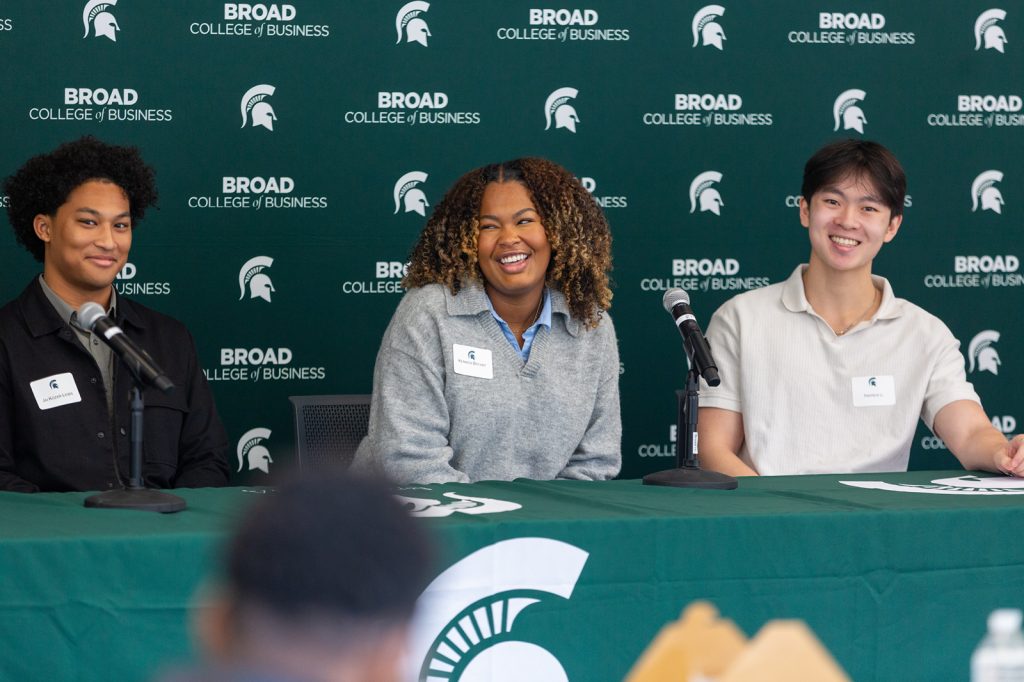 Broad students speaking in a panel discussion