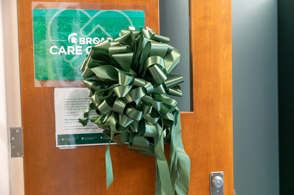 Ribbon on door of Broad Care Center