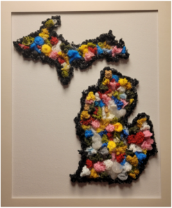 Yarn art in the shape of the state of Michigan