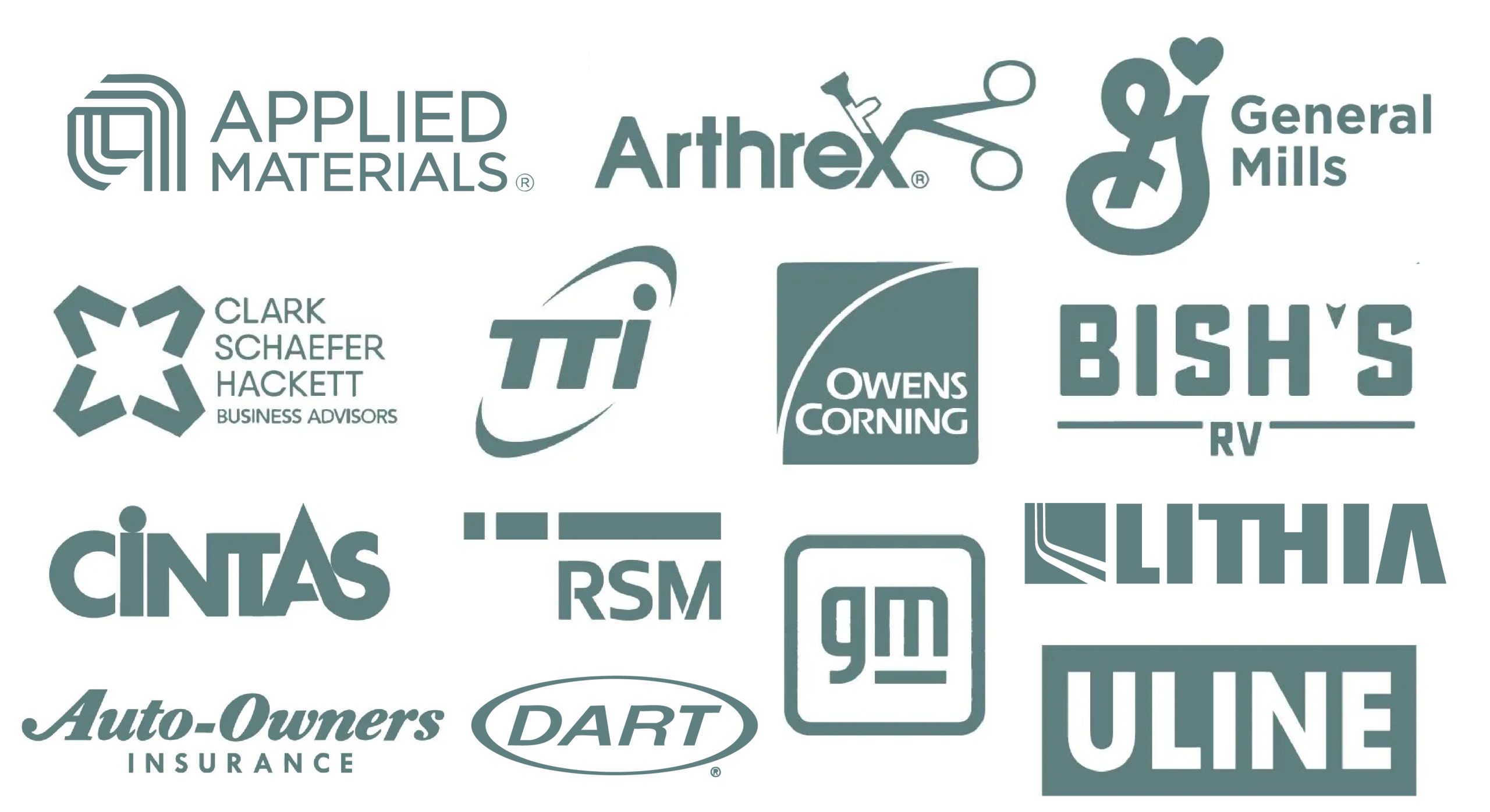 A collage of all the palmer center partner logos for 2025-2026; Applied Material, Arthrex, General Mills, Clark Schaefer Hackett Business Asvisors, TTI, Owens Corning, Bish's RV, Cintas, RSM, GM, Lithia, Auto-Owner's Insurance, Dart, and Uline.