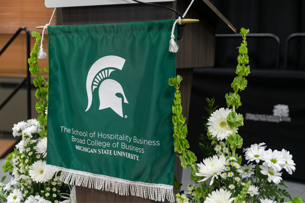 MSU banner hanging from lecturn