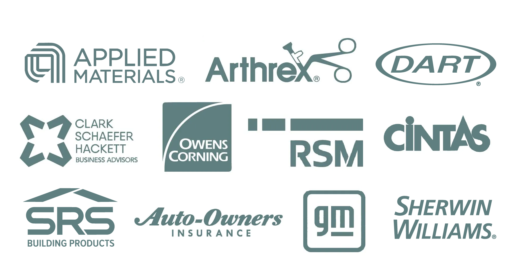 Company logos for Applied Materials, Arthrex, Dart, Clark Schaefer Hackett Business Advisors, Owens Corning, RSM, Cintas, SRS Building Products, Auto-Owners Insurance, GM, Sherwin Williams.