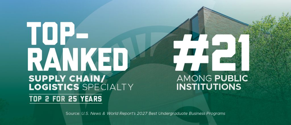 Top-ranked supply chain/logistics specialty, top 2 for 25 years. #21 among public institutions. Source: US News & World Report's 2027 Best Undergraduate Business Programs.