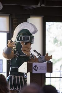 Sparty give a speech.