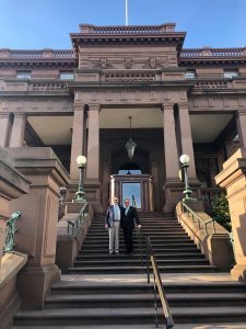 Eli Broad College of Business alum Rob Thull (BA Business Administration ’73) and Broad College Dean Sanjay Gupta in front of the Pacific-Union Club in San Francisco