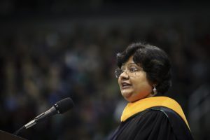 pple Inc. executive and Broad College alum Priva Balasubramaniam at Fall 2017 Commencement ceremonies. Photo by Matt Dae Smith