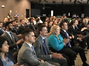 Full-Time MBA students watch final pitches during the Fall 2018 Extreme Green competition. Photo by Bethany Corne