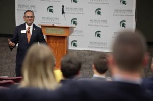 Eli Broad College of Business Dean Sanjay Gupta addresses friends of the college at the Fall 2018 All Board meeting. Photo by Zach Hall