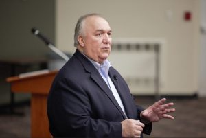 MSU interim President John Engler addresses the audience at the Broad College Fall 2018 All Board meeting. Photo by Zach Hall