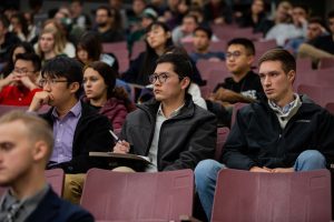 Audience members listen to Deloitte CEO Cathy Engelbert at the 2018 Warrington Lecture. Photo by Kasra Raffi