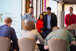 Students pitch ideas to judges as part of the Spring 2019 Exteme Green case competition. Photo by Zach Hall