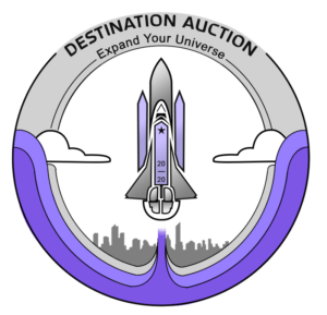 2020 Destination Auction: Expand Your Universe event logo with a purple and gray rocket blasting off
