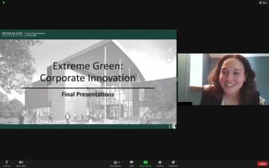 Zoom screenshot from Extreme Green, displaying a presentation slide and a judge.