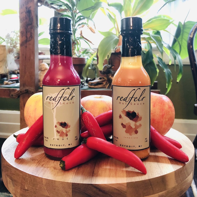 Redfelr hot sauces, peppers and apples