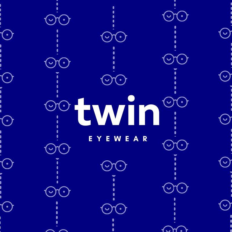 TWIN Eyewear logo on purple background