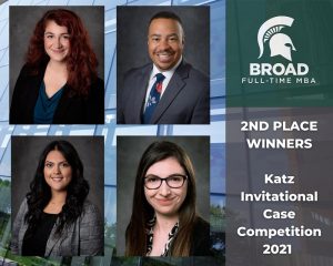 Graphic with headshots of MBA students Carly Mileki, Marques Moore, Kimberly Rodriguez and Elva Bardhi who won 2nd place at the Katz Invitational Case Competition 2021